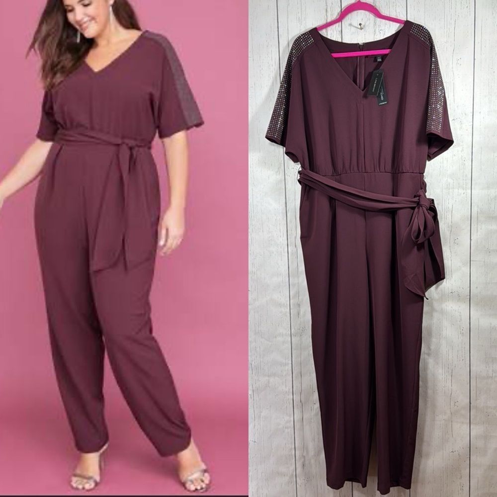 Lane Bryant Plum V-Neck Jumpsuit with Belt & Sparkle Sleeve Trim